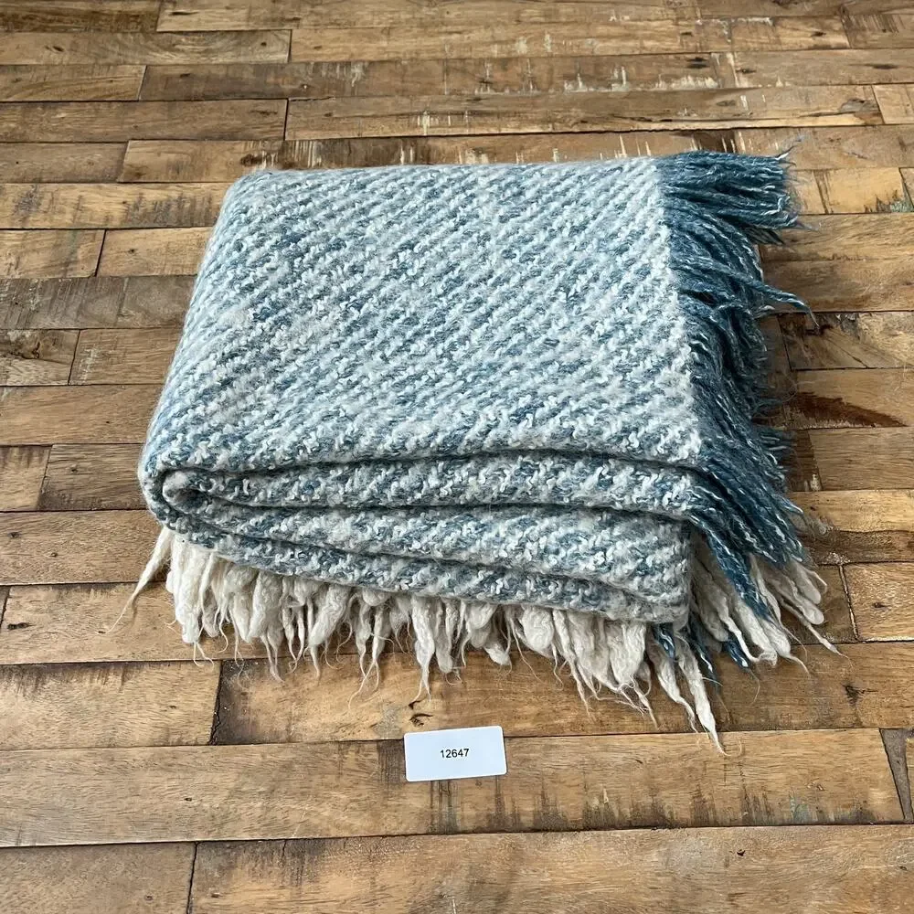 Wool Blend Lap Blanket Blue & Ivory Lush Fringe 37 x 43.5 in